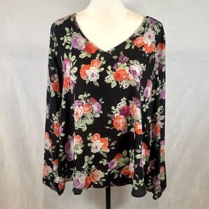 Decree long sleeve black floral blouse top size XL